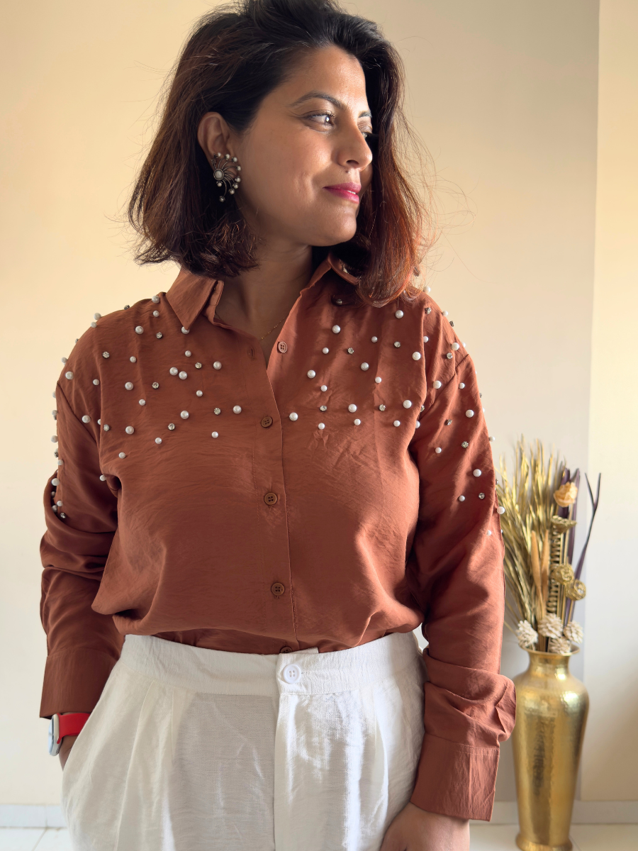 Brown Fit Pearl & Diamond-Embellished Shirt