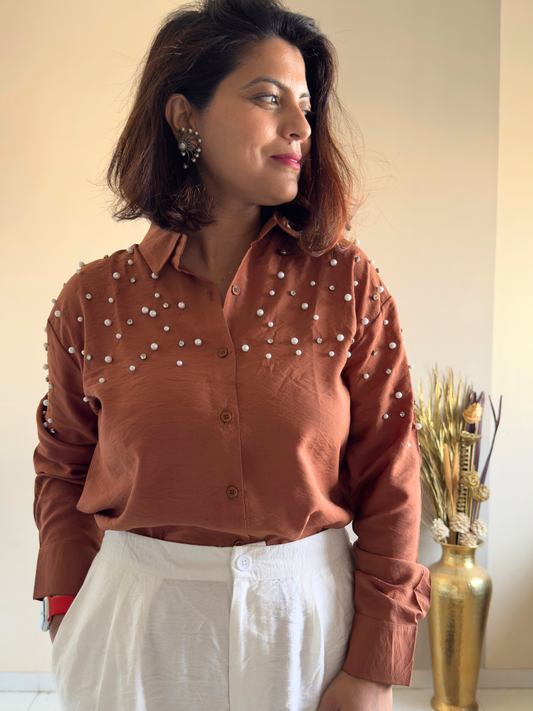 Brown Fit Pearl & Diamond-Embellished Shirt