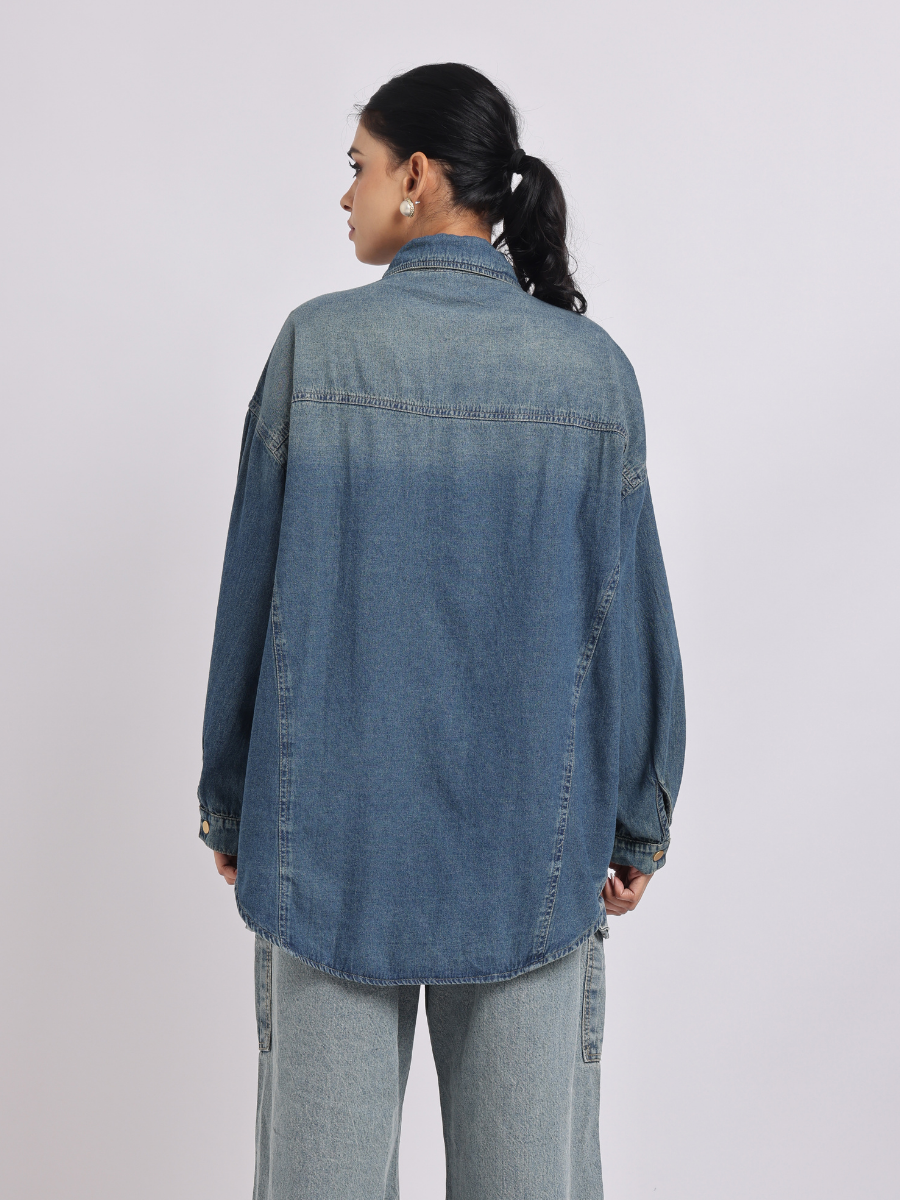 Mid Blue Oversized Denim Shirt with Dropped Shoulder