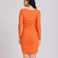 Orange Ruched Mesh-Sleeve Bodycon Mini Dress