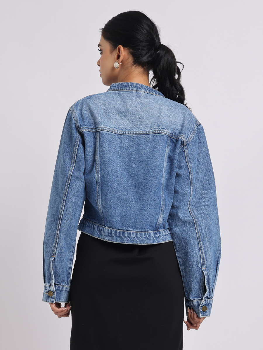 Blue Cropped Denim Jacket with Front Zip Detailing
