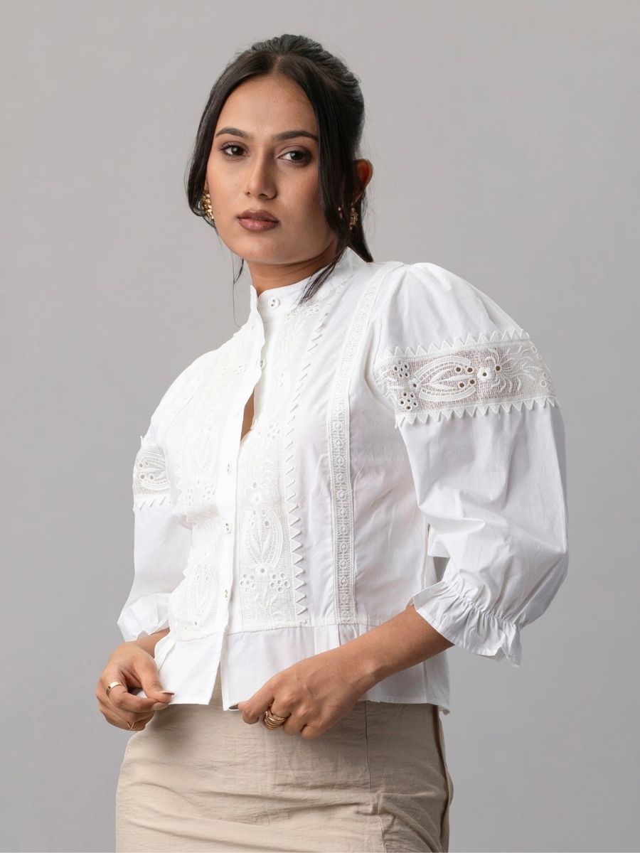 Victorian White Lace Panel Puff Sleeve Blouse