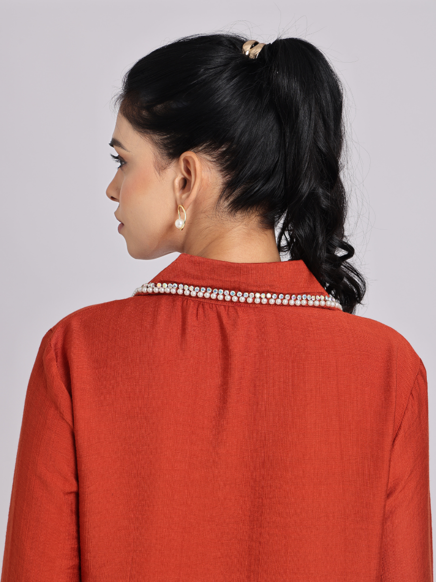 Rust Orange Pearl & Diamond Collar Shirt