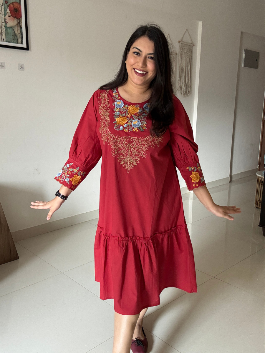 Red Embroidered Cotton Dress