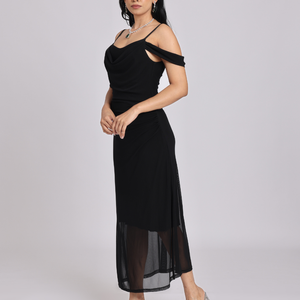 Black Draped Cold-Shoulder Sheer Hem Maxi Dress