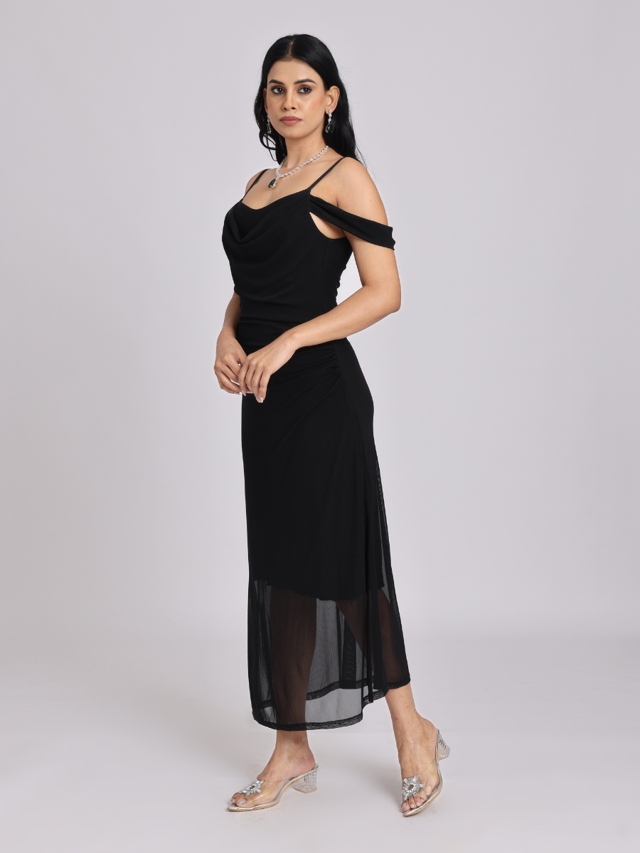 Black Draped Cold-Shoulder Sheer Hem Maxi Dress