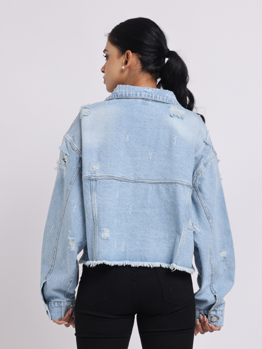 Light Blue Distressed Cropped Denim Jacket