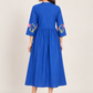 Blue Embroidered Cotton A-Line Midi Dress