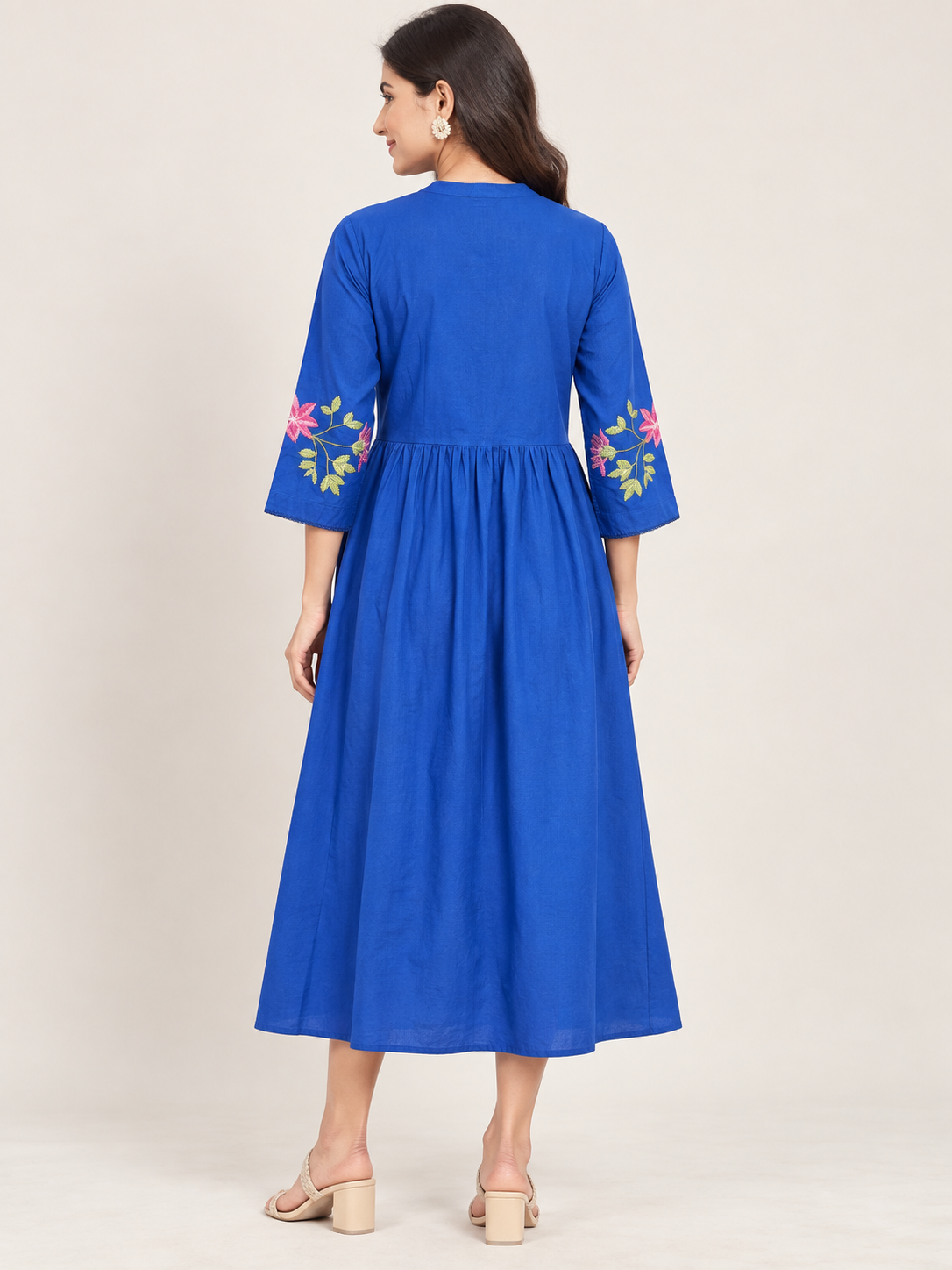 Blue Embroidered Cotton A-Line Midi Dress