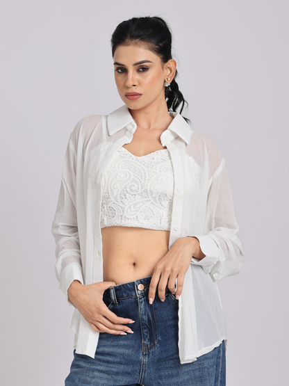 White Lace Crop Top with Sheer Shirt