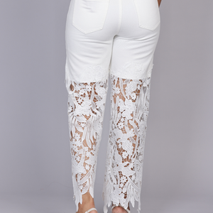 Floral Lace Applique Wide-Leg Jeans