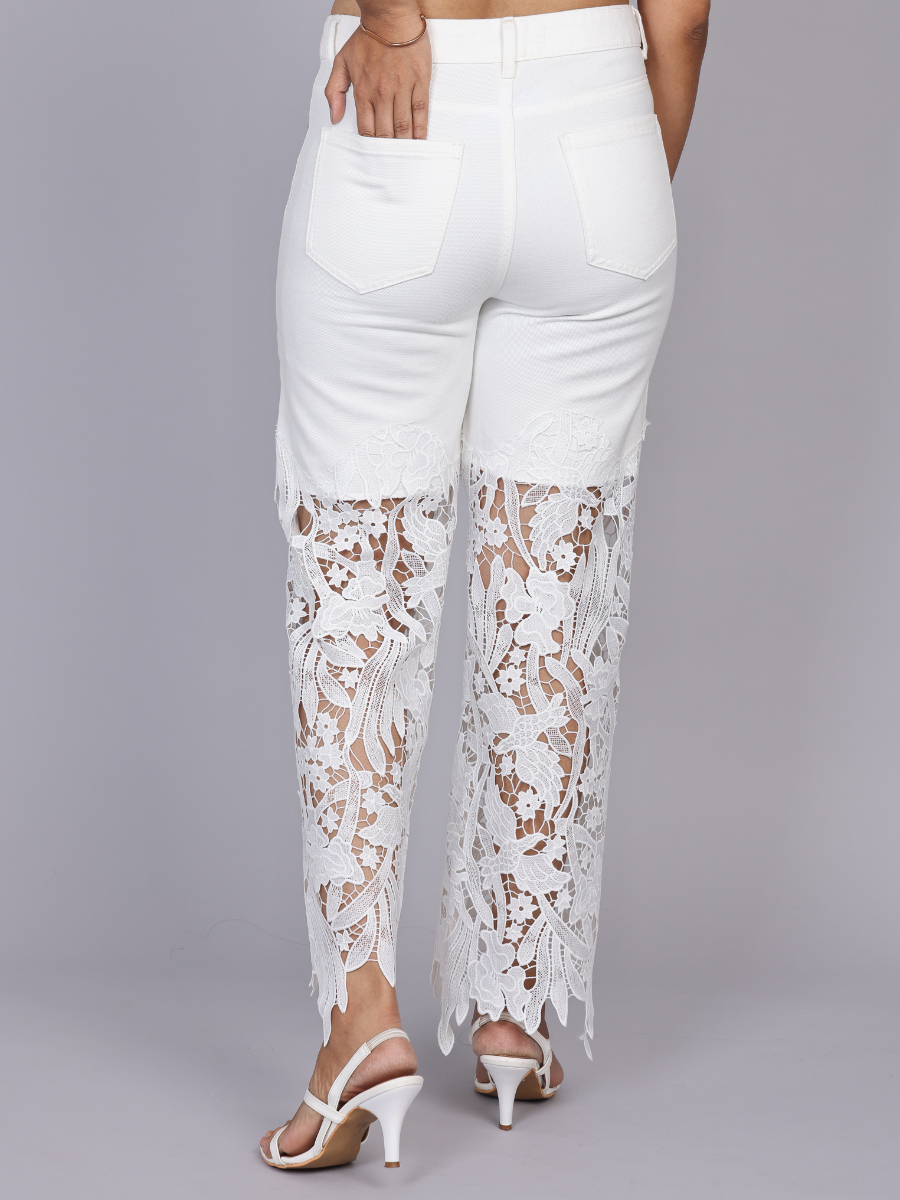 Floral Lace Applique Wide-Leg Jeans