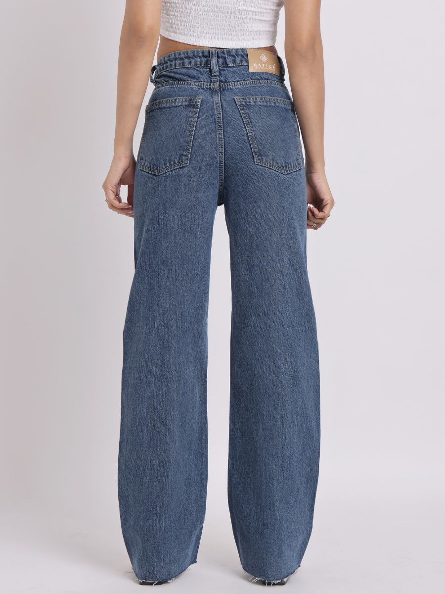 Mid-Blue Rhinestone Studded Straight-Fit Denim Jeans