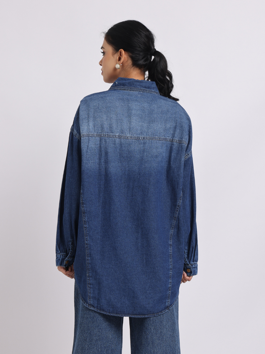 Dark Blue Oversized Denim Shirt with Dropped Shoulder