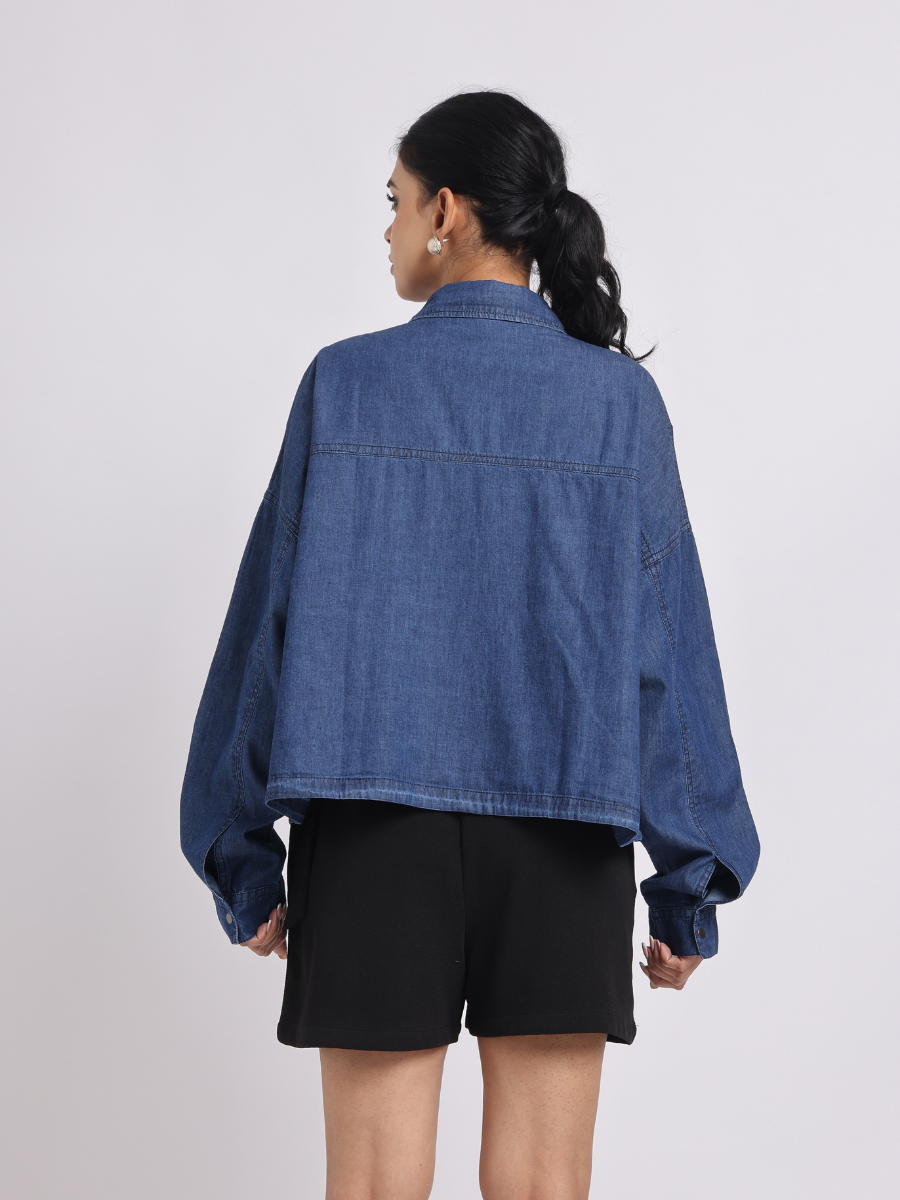 Drawstring Hem Denim Shirt