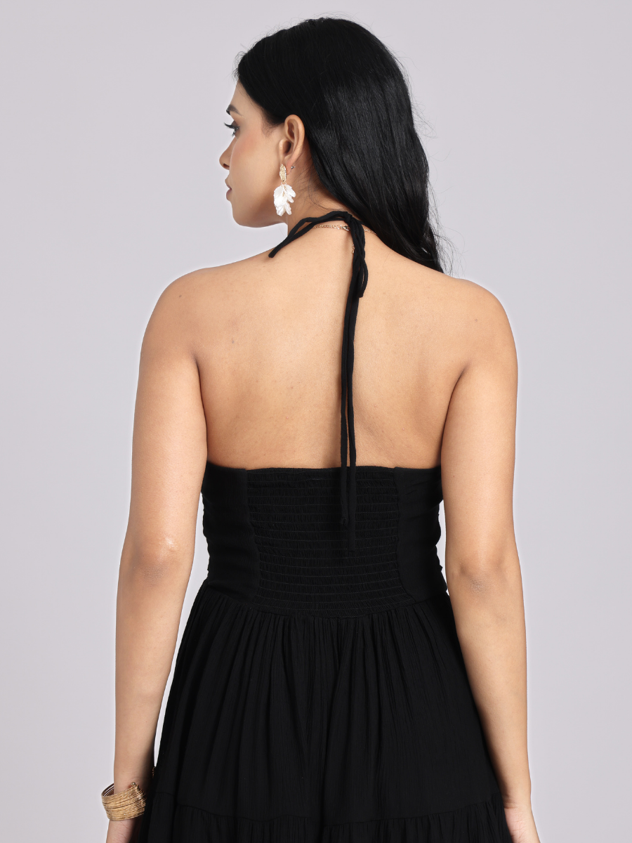 Black Halter-Neck Tiered Midi Dress