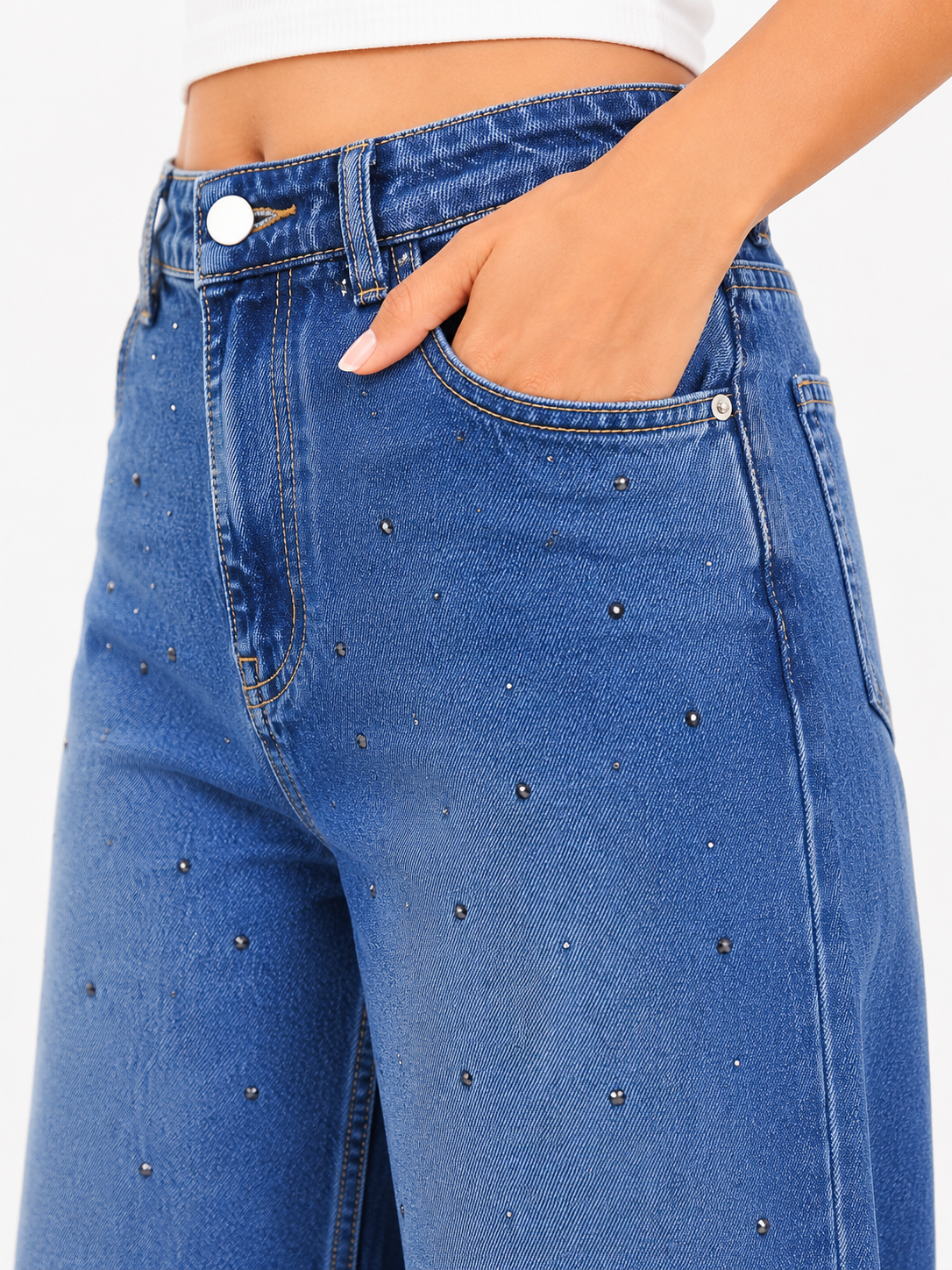 Blue Rhinestone Embellished High Waist Wide Leg Jeans