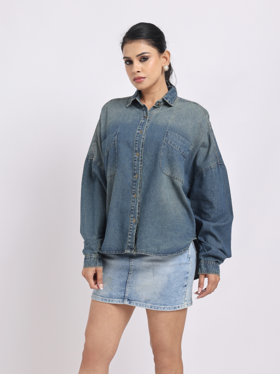 Oversized Dark Mid Blue Denim Shirt with Dropped Shoulder