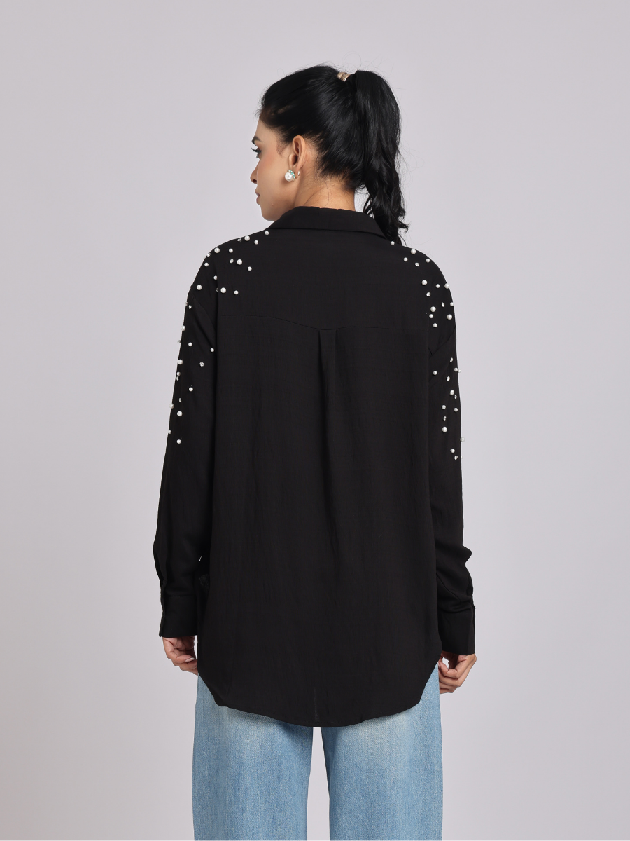 Black Oversized Pearl & Diamond Embellished Shirt