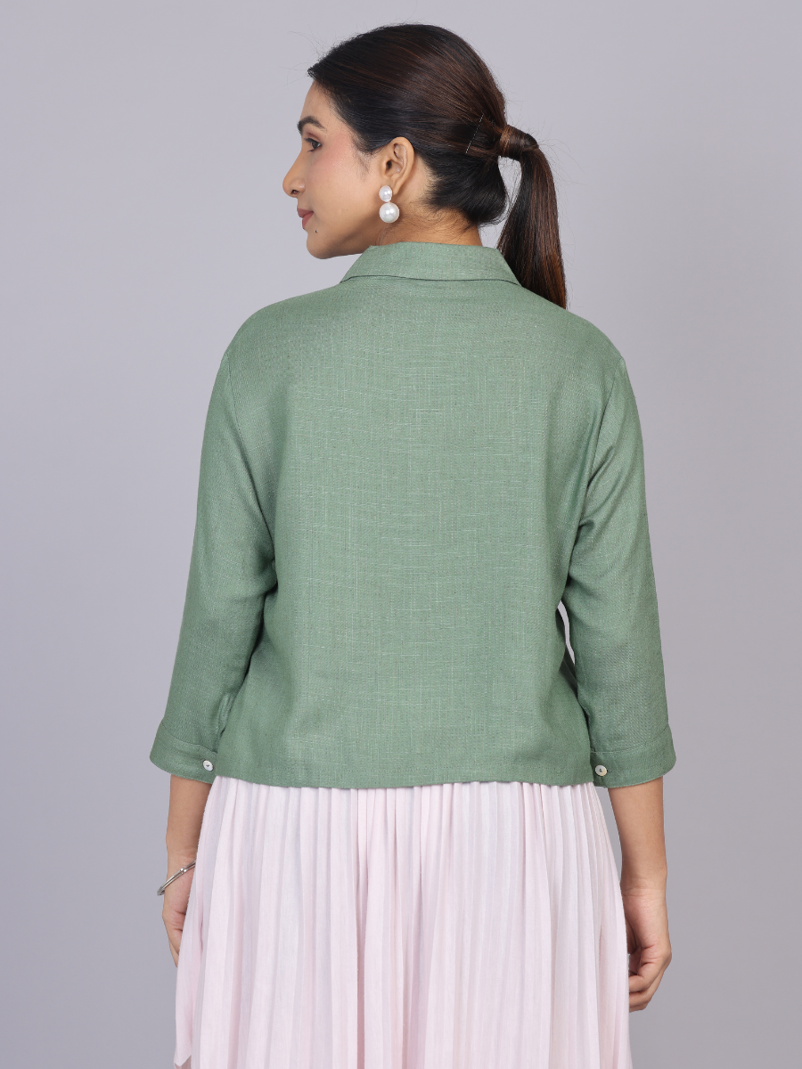 Sage Green Blossom Embroidered Cotton Shirt