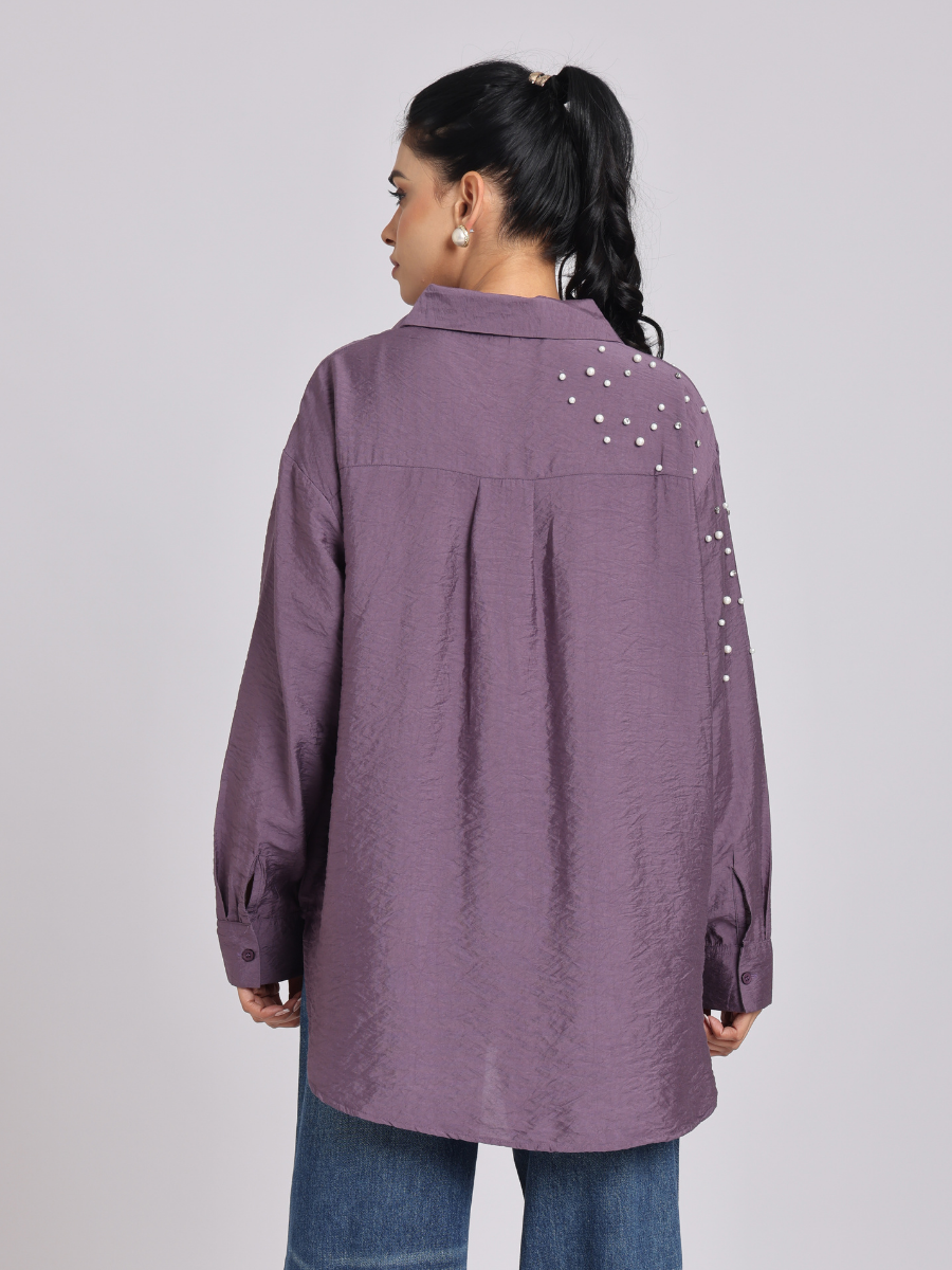 Purple Oversized Pearl & Diamond Embellished Shirt