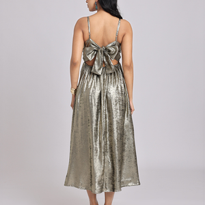 Metallic Gold Cowl-Neck Bow-Back Midi Dress
