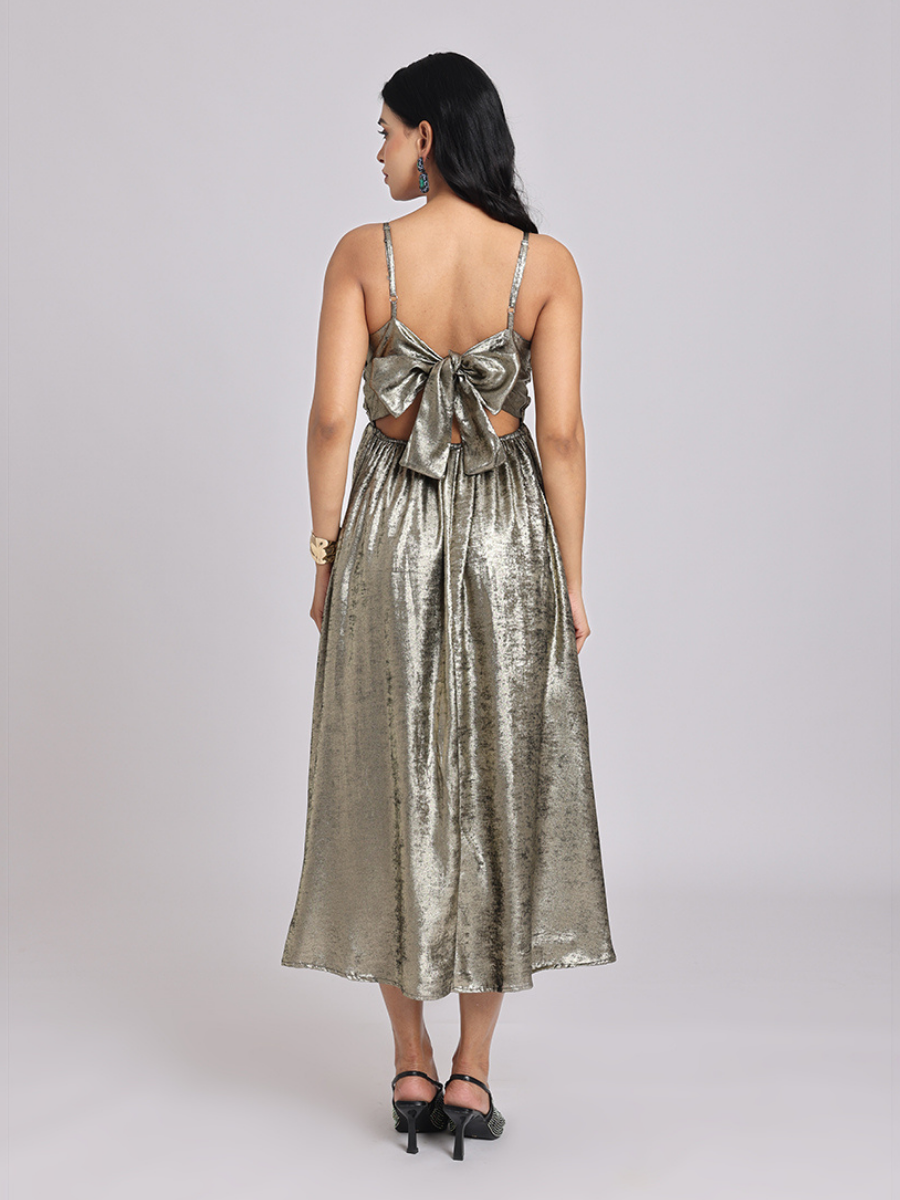 Metallic Gold Cowl-Neck Bow-Back Midi Dress