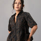 Black Cotton Peplum Shirt with Contrast Floral Embroidery