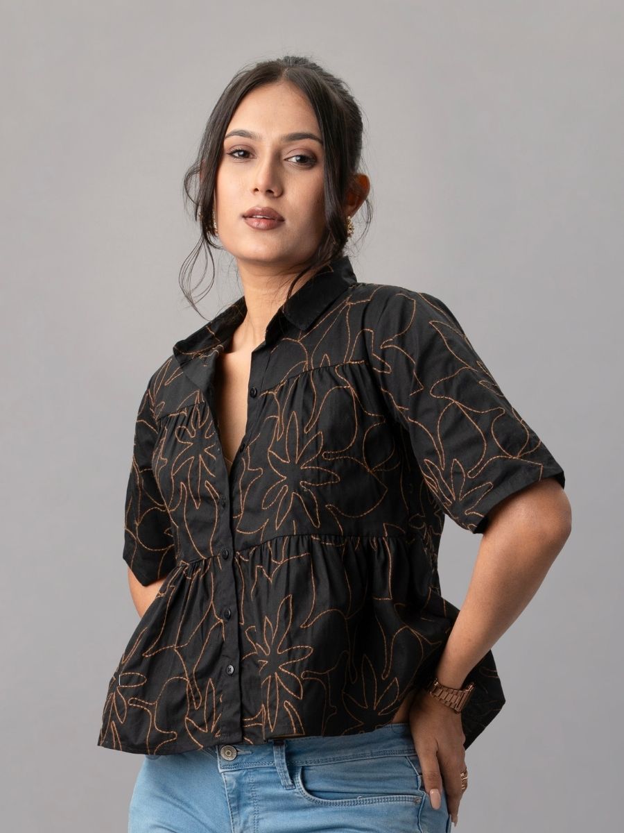 Black Cotton Peplum Shirt with Contrast Floral Embroidery