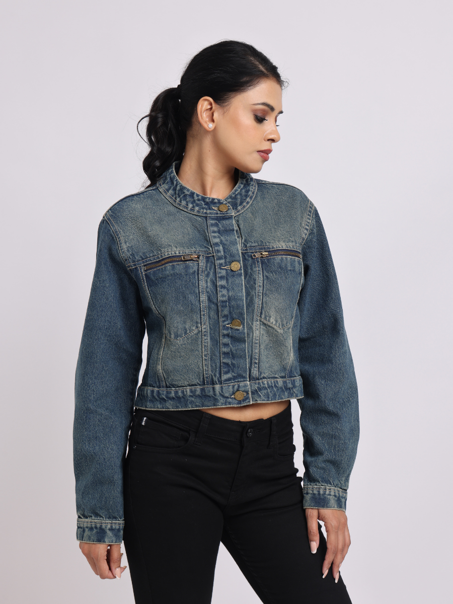 Mid Blue Cropped Denim Jacket for Women