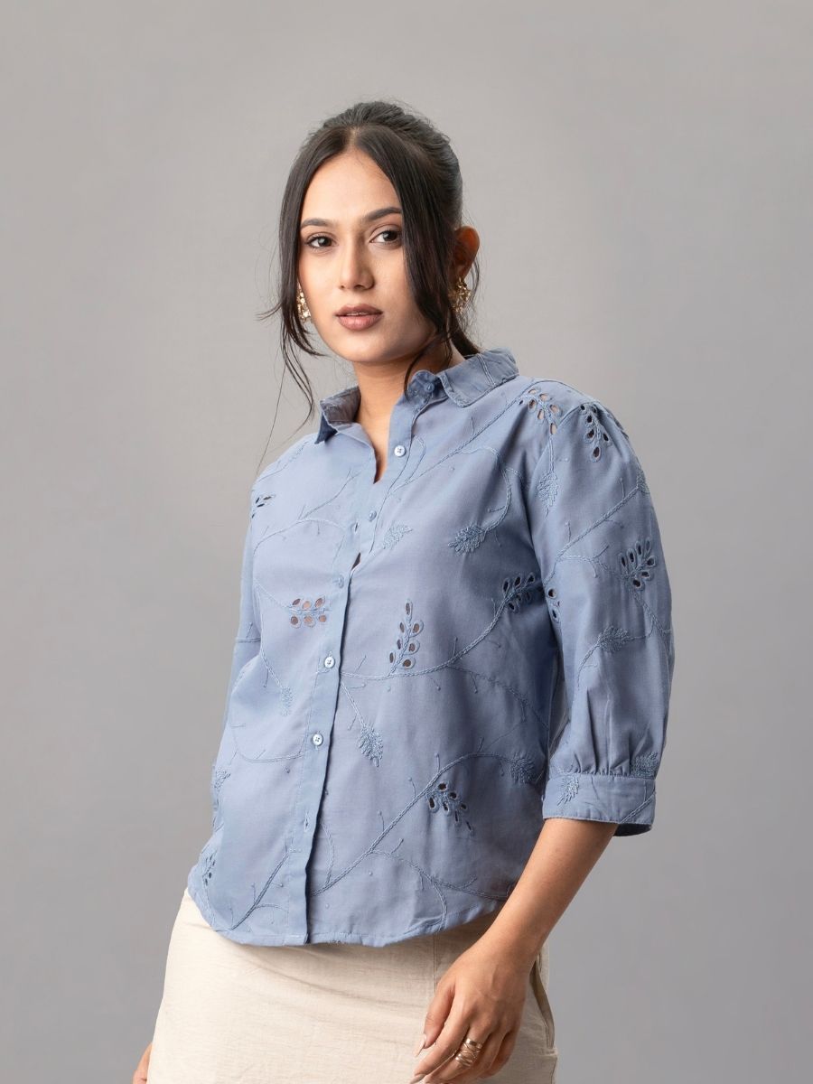 Blue Cotton Shirt with Cutwork Embroidery