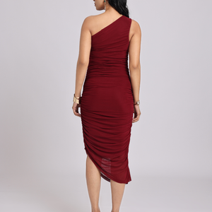 Wine Swarovski One-Shoulder Bodycon Dress