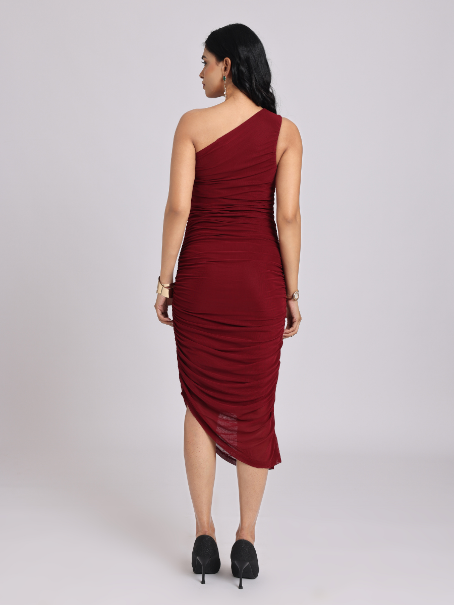 Wine Swarovski One-Shoulder Bodycon Dress