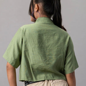 Sage Green Cropped Shirt with Floral Embroidery