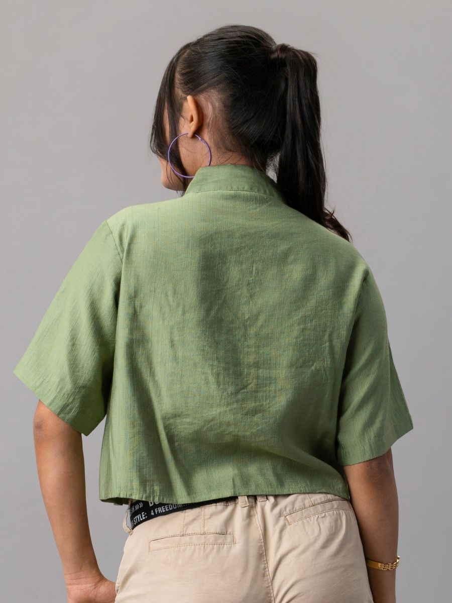 Sage Green Cropped Shirt with Floral Embroidery