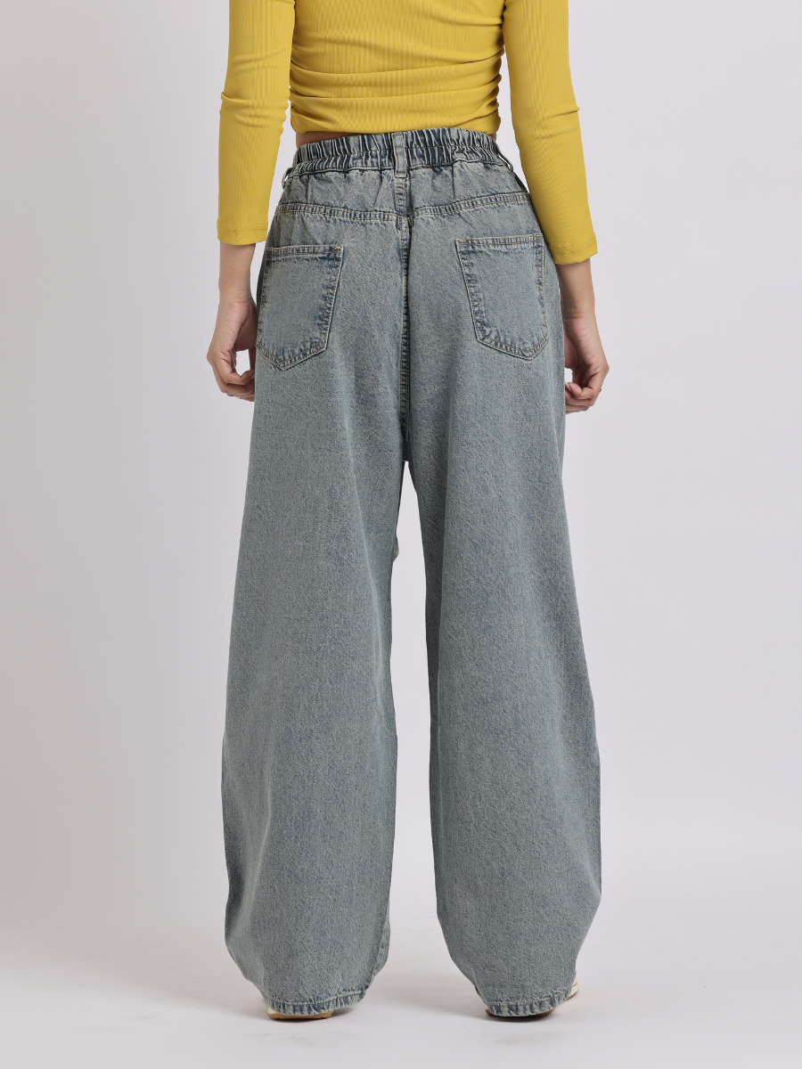 Grey Elastic Waist Wide-Leg Denim Jeans