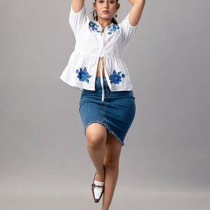 White Puff Sleeve Top with Blue Floral Embroidery