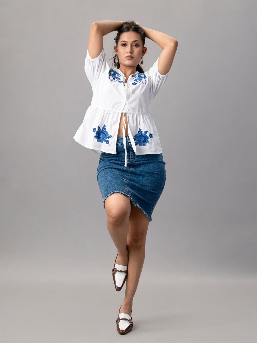 White Puff Sleeve Top with Blue Floral Embroidery