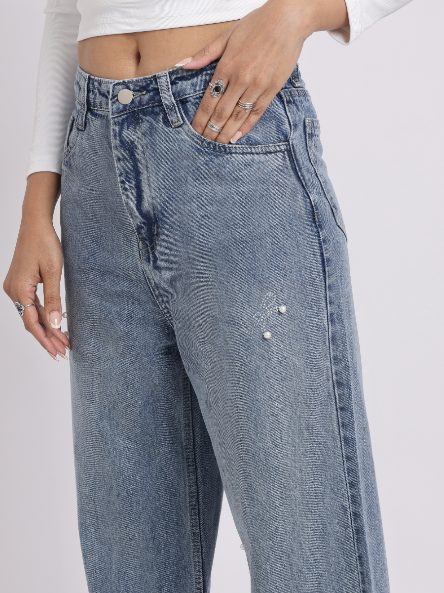Vintage Light Blue Pearl Bow Straight-Fit Denim Jeans
