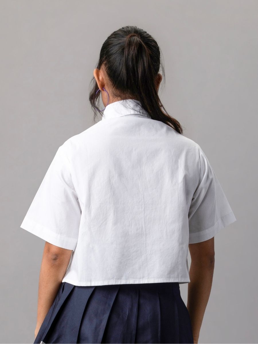 White Cropped Shirt with Black & White Flower Appliqué