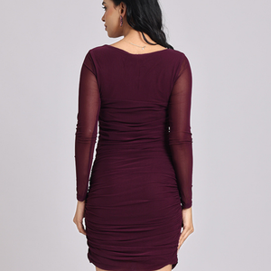 Wine Ruched Mesh-Sleeve Bodycon Mini Dress