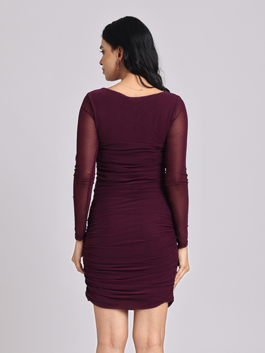 Wine Ruched Mesh-Sleeve Bodycon Mini Dress