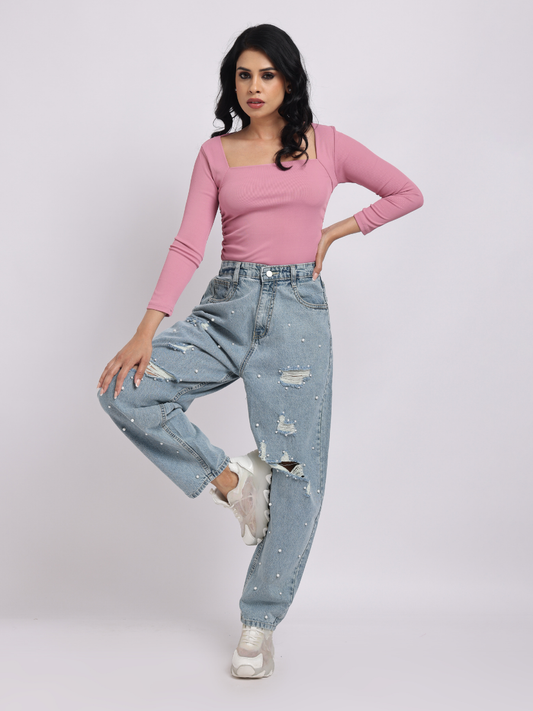 Blue Pearl Embellished Distressed Jeans