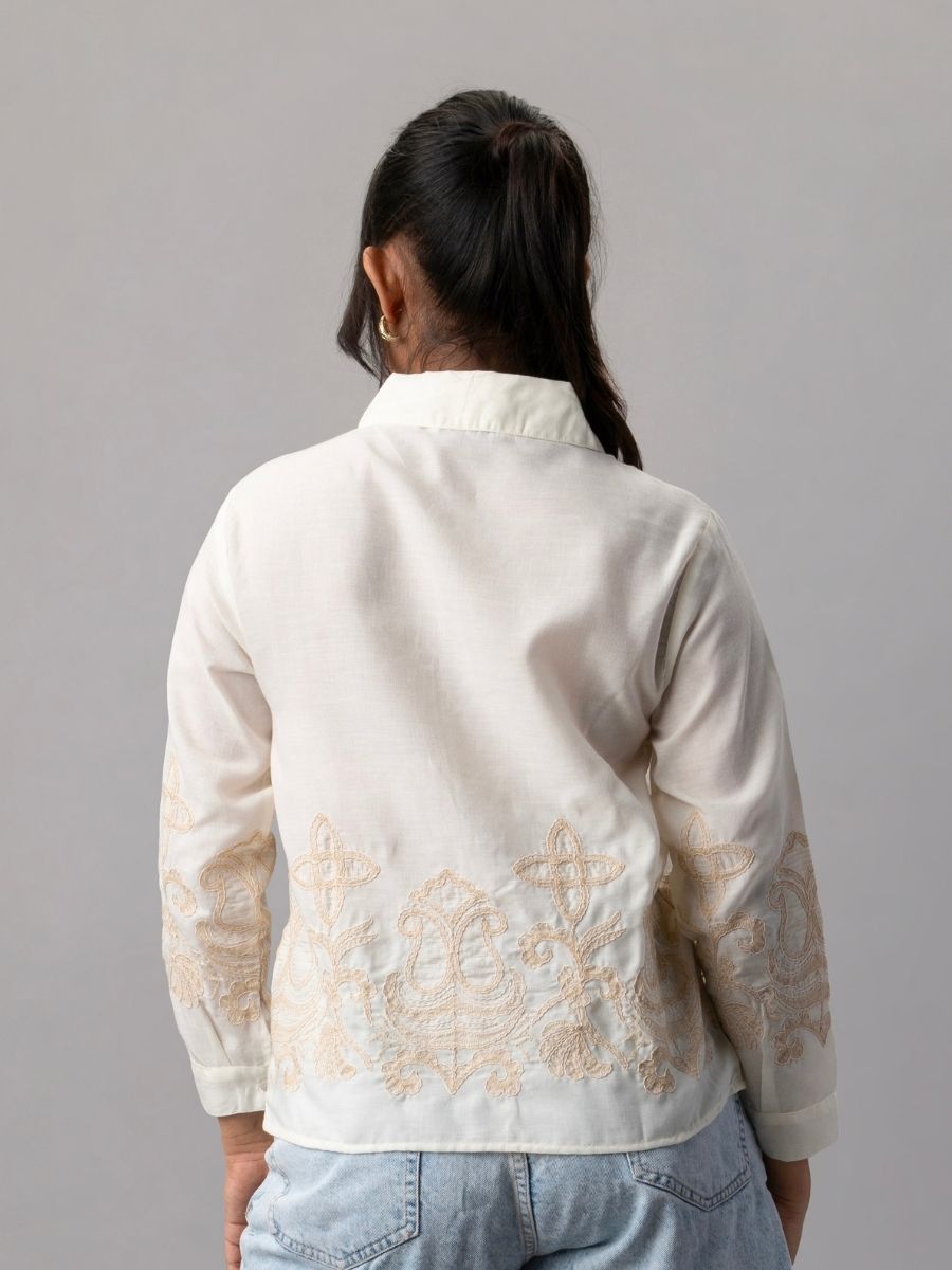 Embroidered Off-White Cotton Shirt