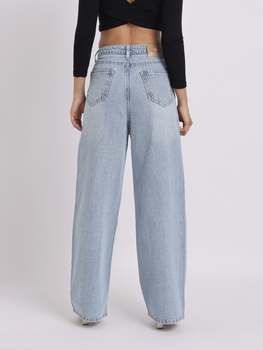 Light Blue Pearl Bow Straight-Fit Jeans