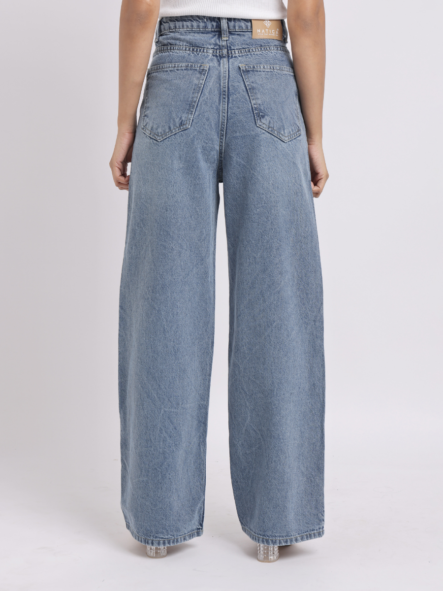 Blue Rhinestone-Embellished Wide-Leg Denim Jeans