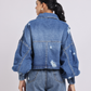 Blue Distressed Denim Jacket with Zip Closure