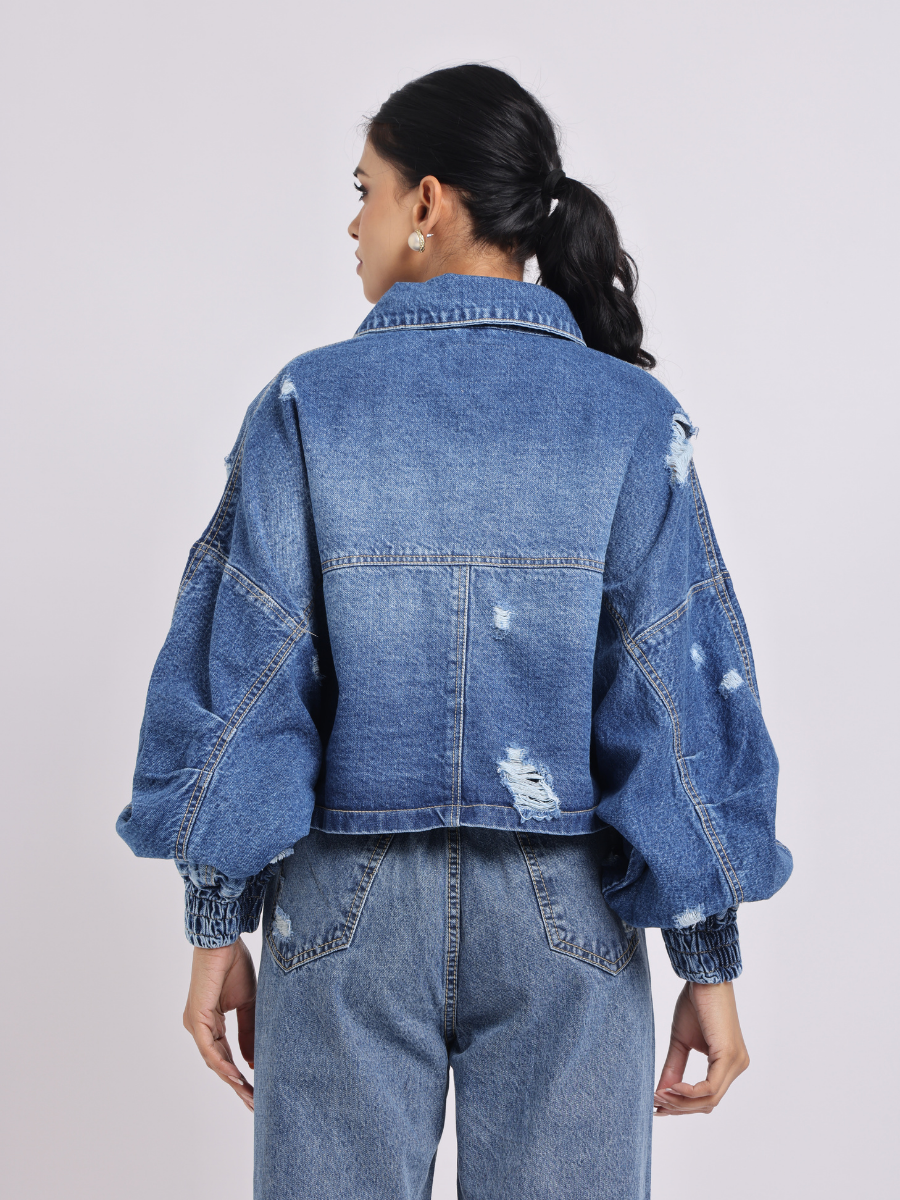Blue Distressed Denim Jacket with Zip Closure