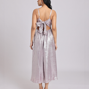 Metallic Lavender Back-Bow Midi Dress