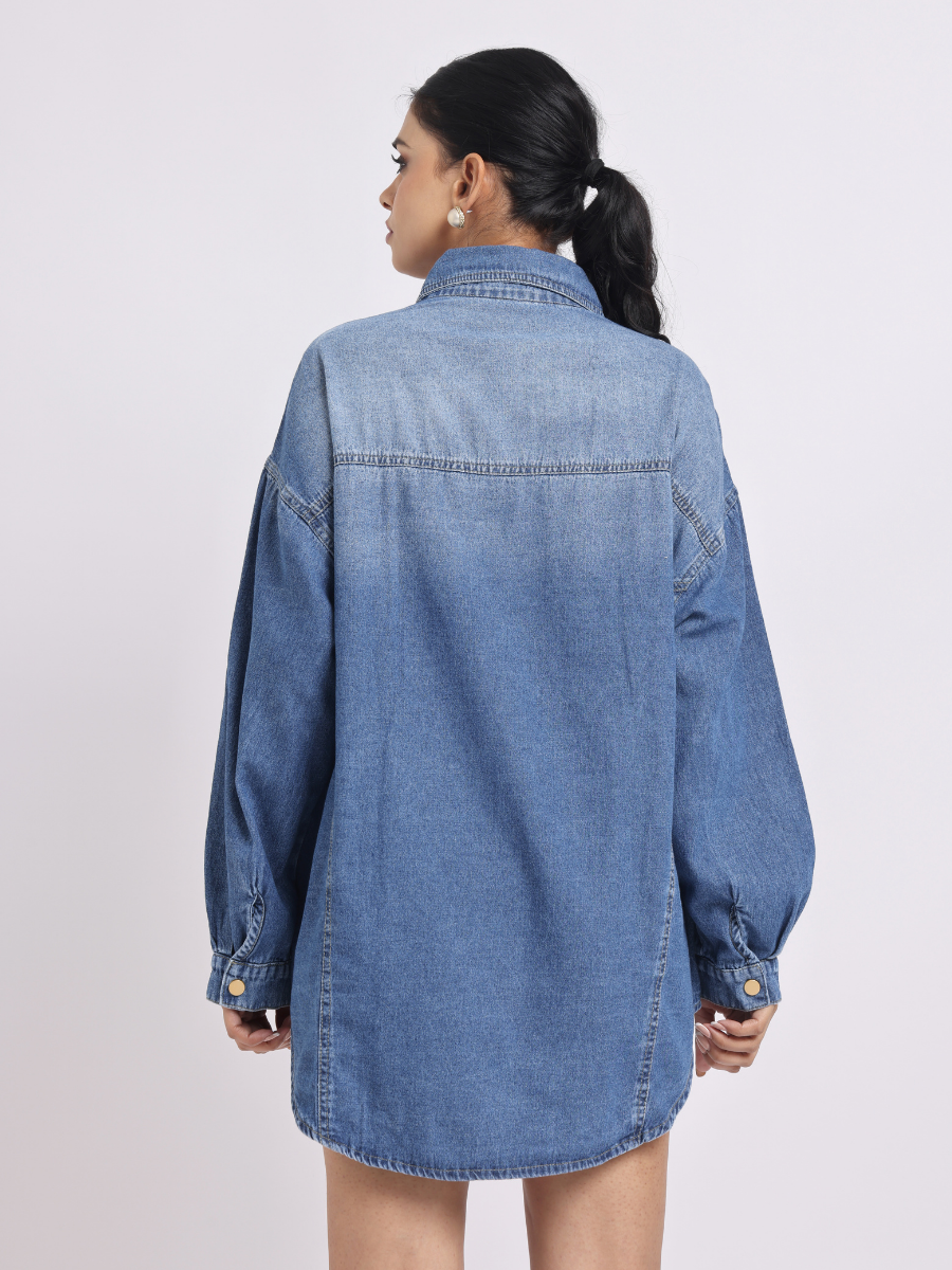 Light Blue Oversized Denim Shirt with Dropped Shoulder